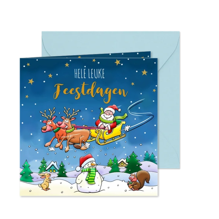 Leuke kerstkaart met vliegende arrenslee en kerstman