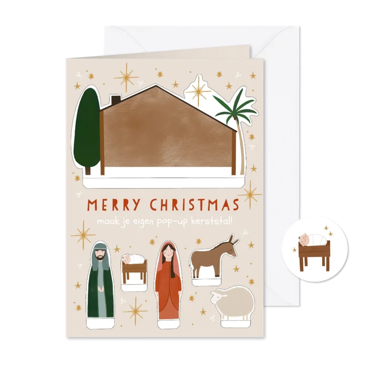 Leuke kinder kerstkaart maak je eigen kerststal illustratie