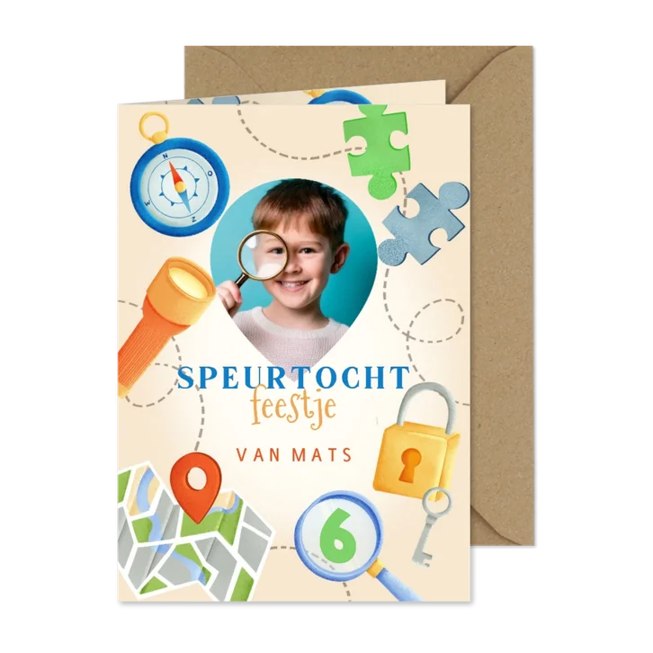 Leuke kinderfeestje kaart speurtocht feestje met foto