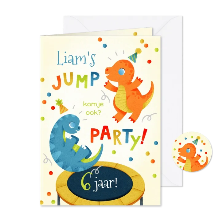 Leuke kinderfeestjekaart jump party met dino's en confetti