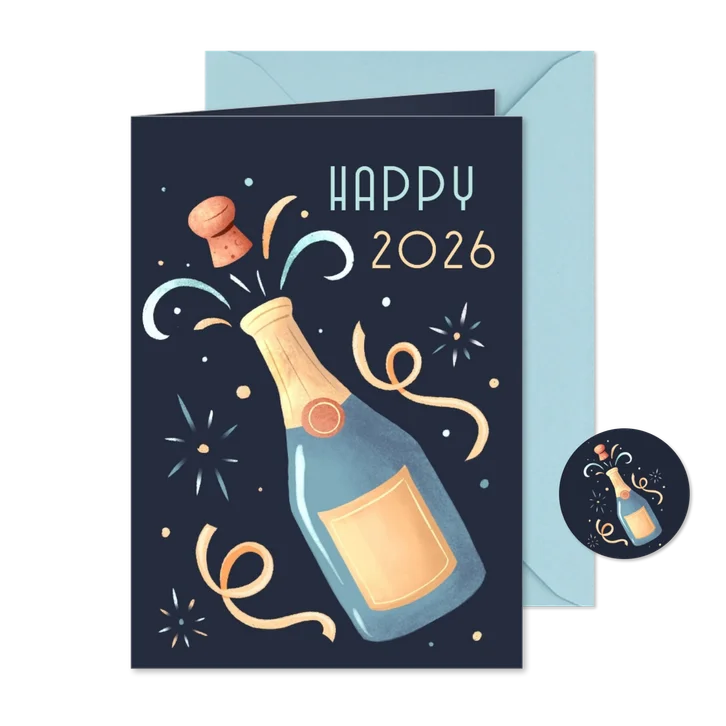 Leuke nieuwjaarskaart met champagnefles en vuurwerk