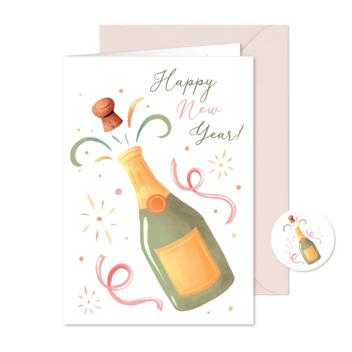 Leuke nieuwjaarskaart met champagnefles in pastelkleuren