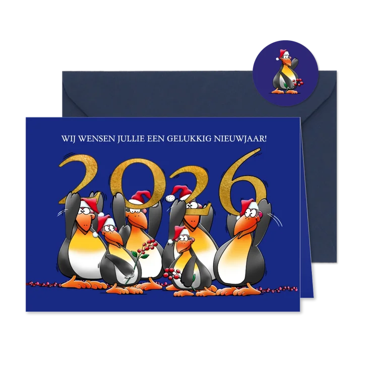Leuke nieuwjaarskaart met pinguïns met jaartal 2026