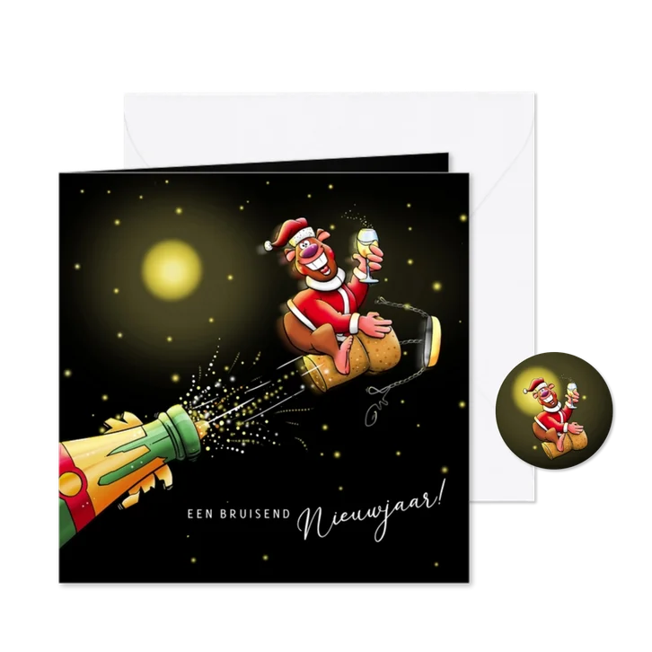 Leuke nieuwjaarskaart met vliegende kerstbeer op kurk