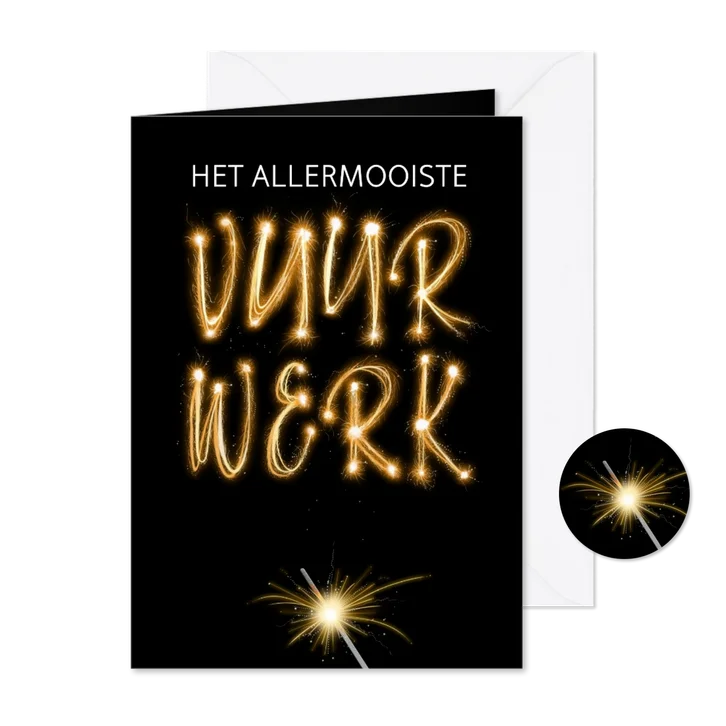 Leuke Nieuwjaarskaart met vuurwerk en sterretjes op zwart