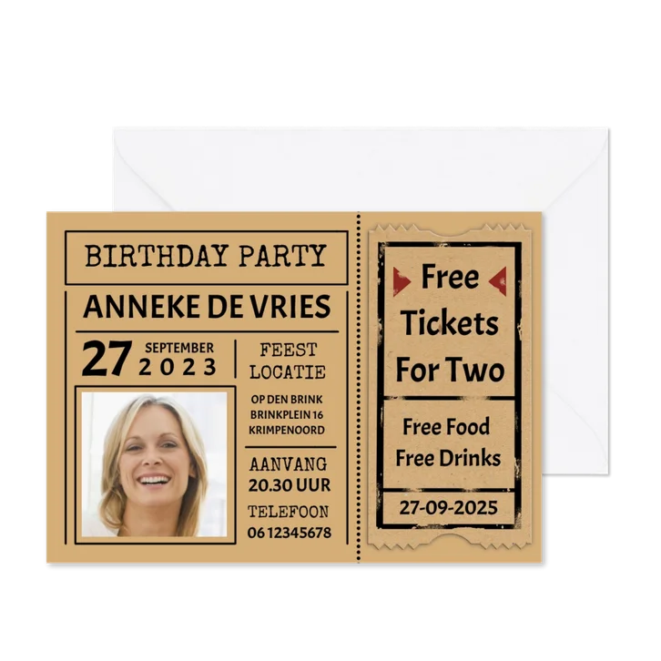 Leuke uitnodiging "Free Tickets For Two" voor een vrouw