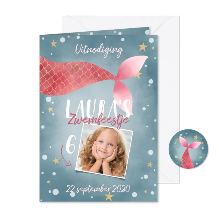 Leuke uitnodiging kinderfeestje zwemfeestje met zeemeermin