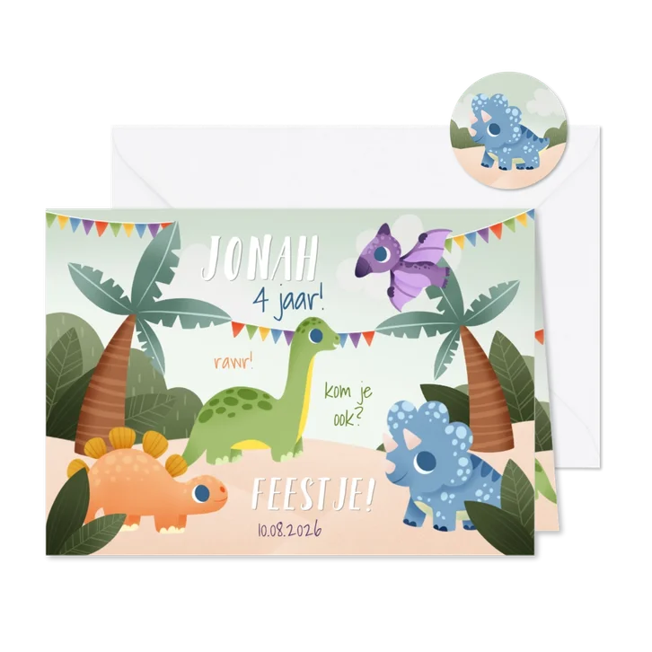 Leuke uitnodiging kinderfeestjes dino's jungle en slingers