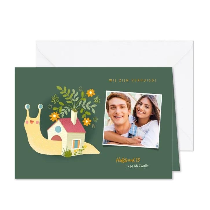 leuke verhuiskaart slak met huisje en foto