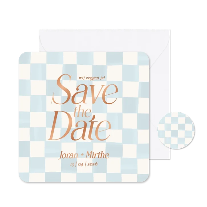 Lichtblauw geblokte save the date kaart bruiloft koper