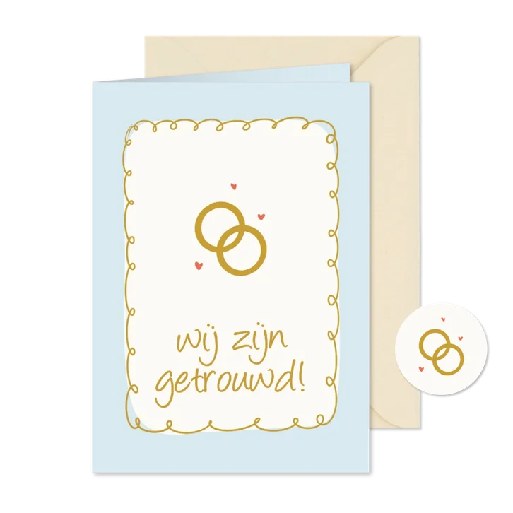 Lichtblauwe trouwkaart wij zijn getrouwd met ringen