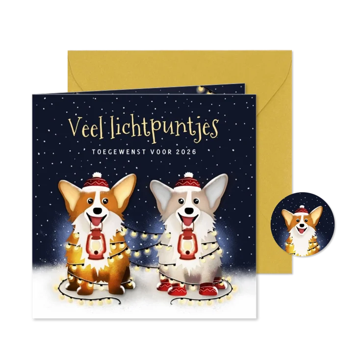 Lichtpuntjes nieuwjaarskaart met 2 corgi hondjes en lampjes