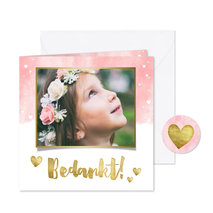 Lief bedankkaartje eerste communie met waterverf en hartjes