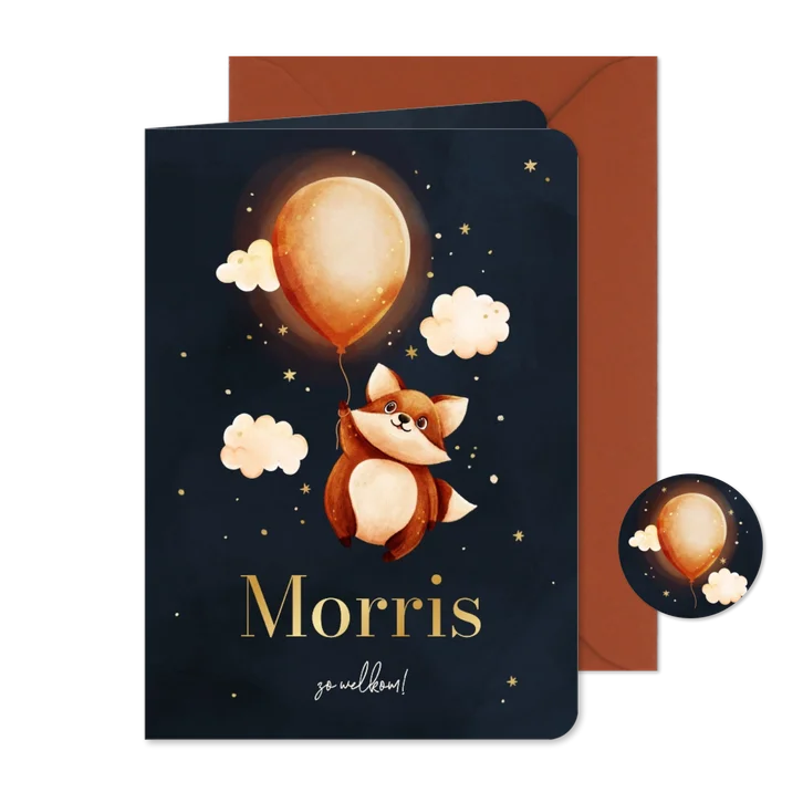 Lief blauw geboortekaartje met vosje en een ballon