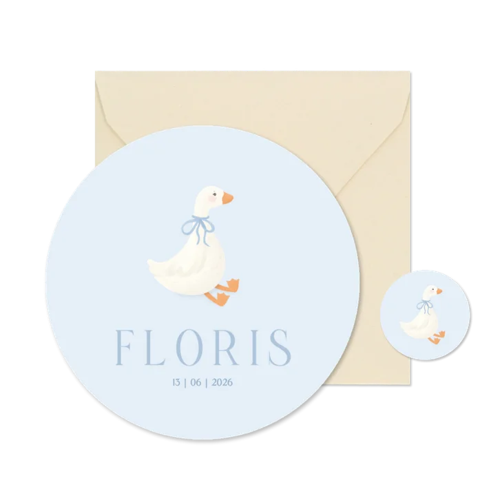 Lief blauw geboortekaartje rond met klein gansje