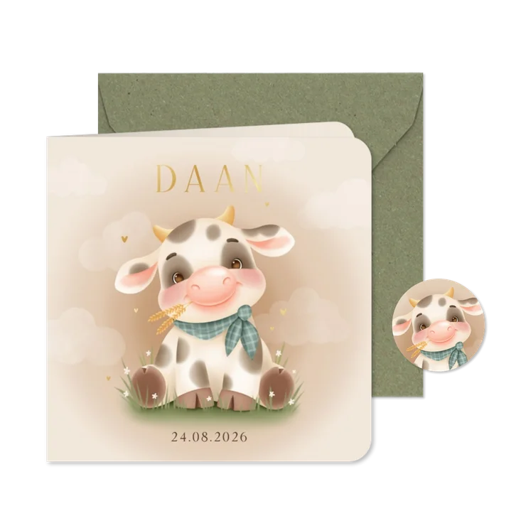 Lief boerderij geboortekaartje met koe wolkjes in gras