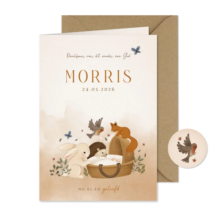 Lief bos geboortekaartje konijn egel eekhoorn vogel wiegje