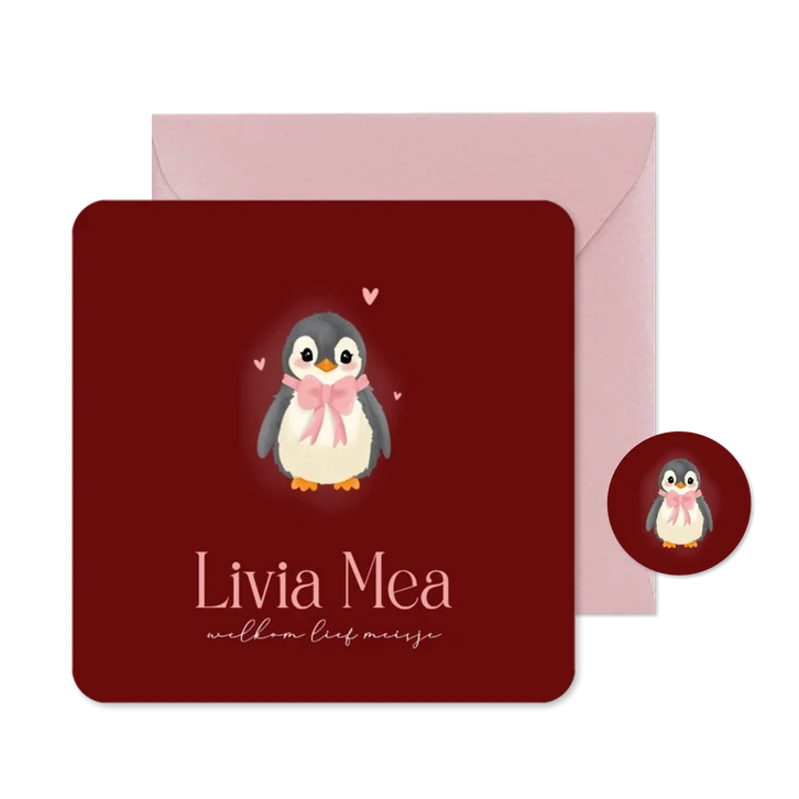 Lief donker rood geboortekaartje met baby pinguin