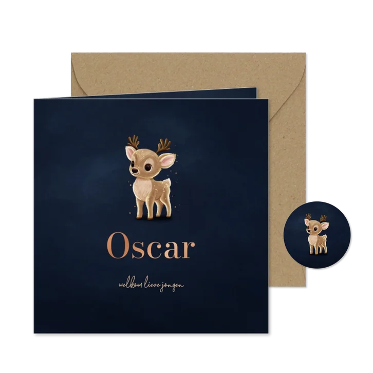 Lief donkerblauw winters geboortekaartje met hertje