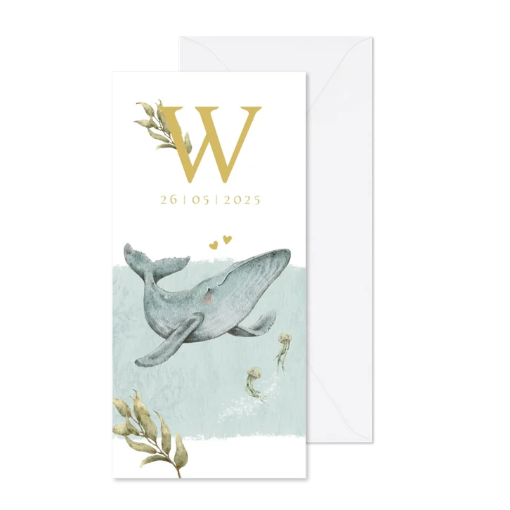 Lief en bijzonder geboortekaartje met walvisje in de oceaan