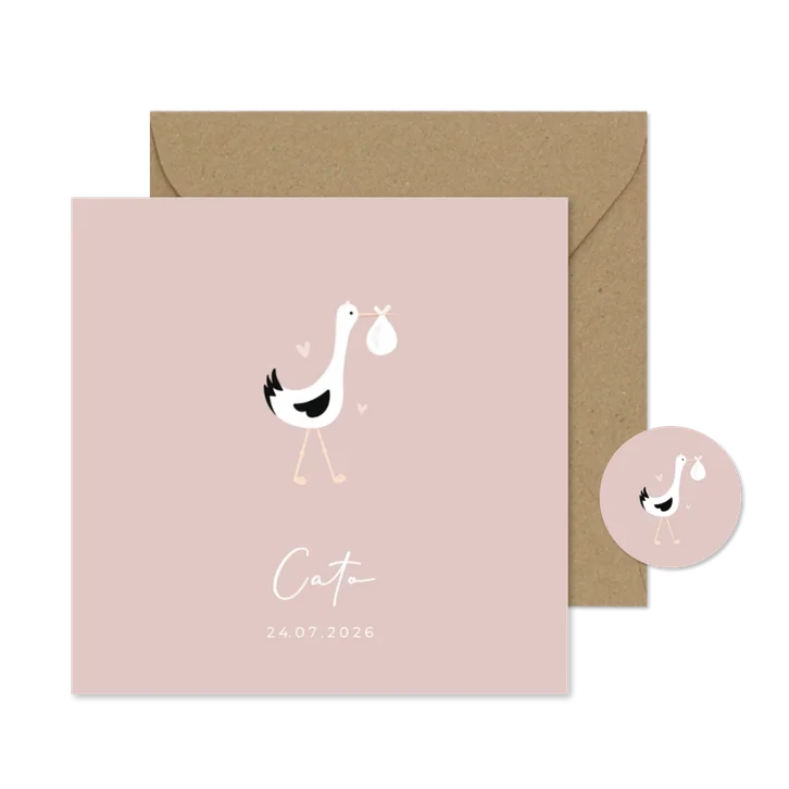 Lief en hip geboortekaartje met illustratie van een ooievaar