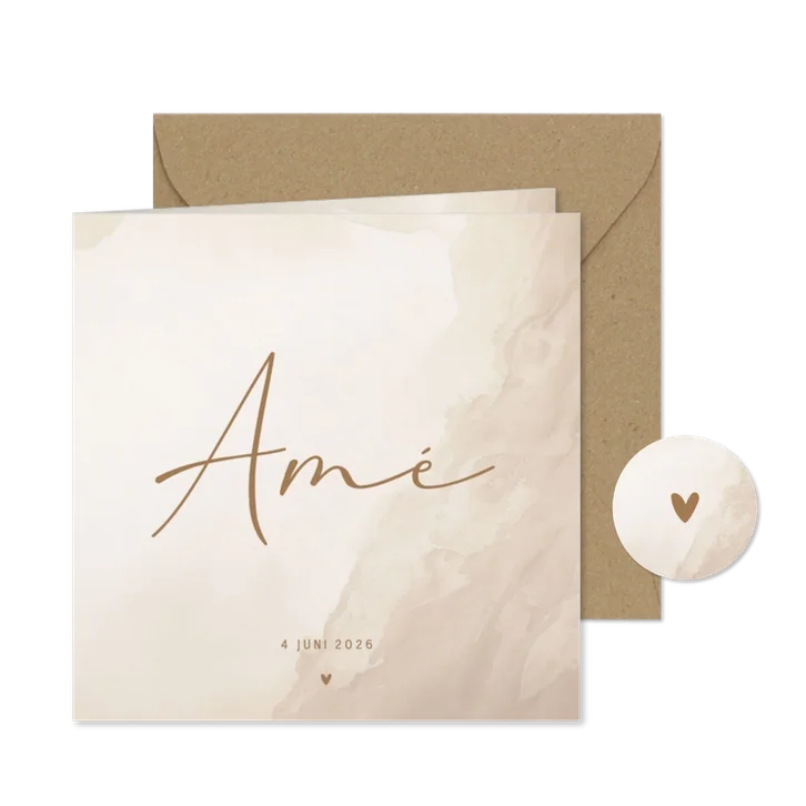 Lief en naturel geboortekaartje beige waterverf hartje