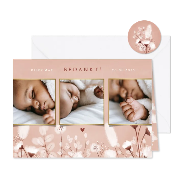 Lief geboorte bedankkaartje droogbloemen en foto's