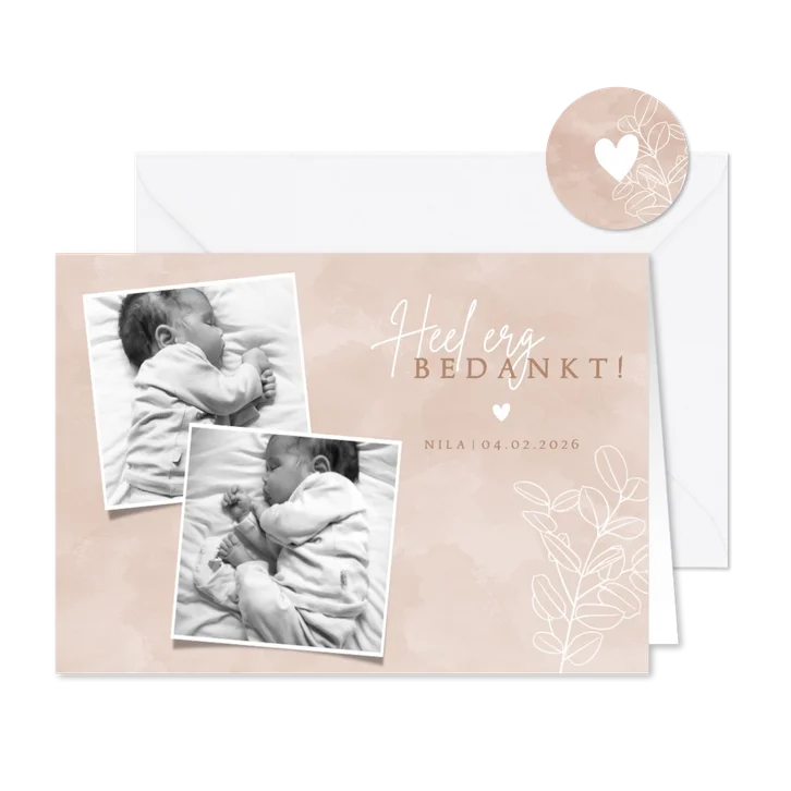Lief geboorte bedankkaartje met foto's en eucalyptus