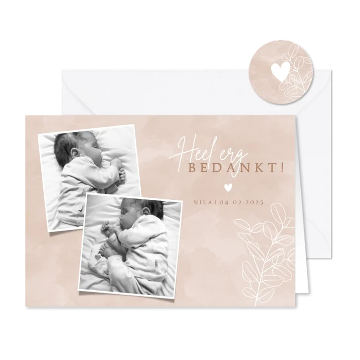 Lief geboorte bedankkaartje met foto's en eucalyptus