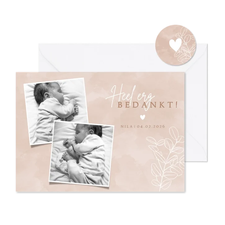 Lief geboorte bedankkaartje met foto's en eucalyptus