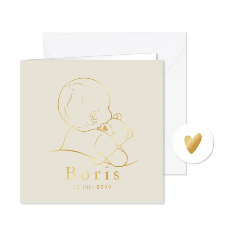 Lief geboortekaartje baby met teddybeer – goudfolie