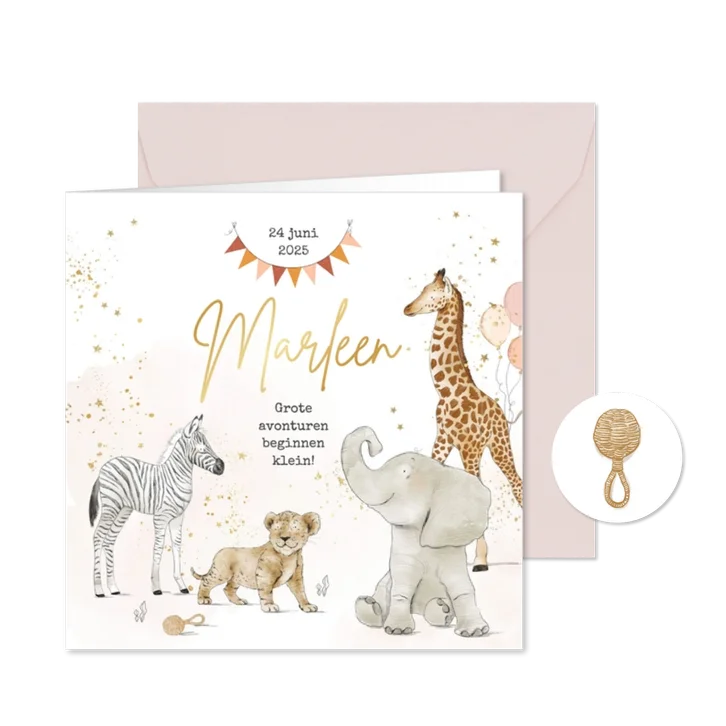 Lief geboortekaartje babydieren goudfolie spetters vlag