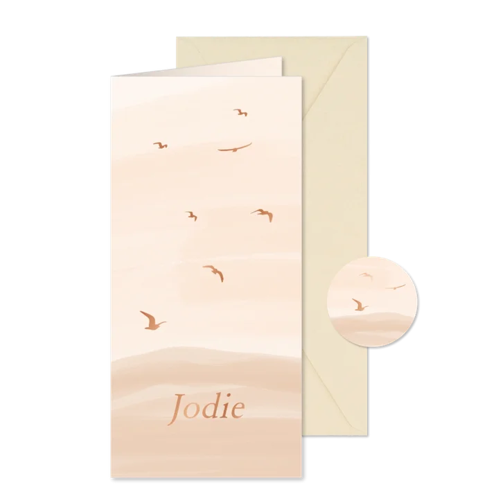 Lief geboortekaartje beige waterverf met vogels foliedruk