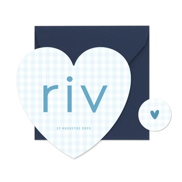  Lief geboortekaartje blauwe ruitjes in hartvorm