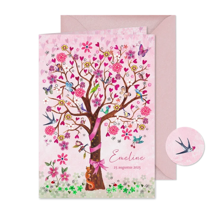 Lief geboortekaartje boom roze meisje vogels en bloemen
