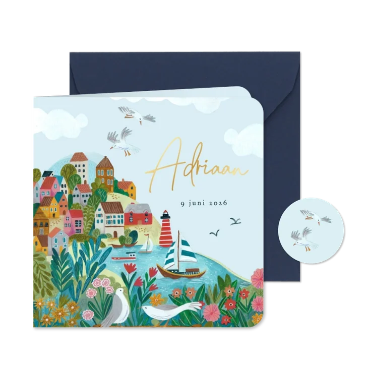 Lief geboortekaartje bootje op zee met een lucht met wolkjes