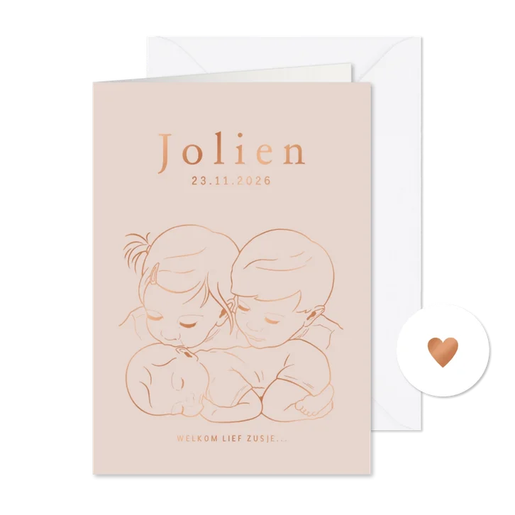 Lief geboortekaartje broer en zus met baby – koperfolie