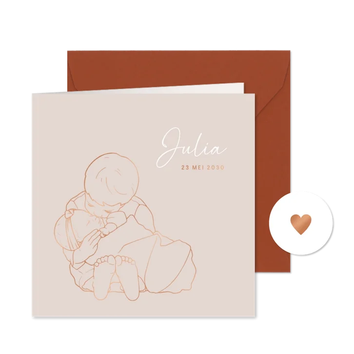 Lief geboortekaartje broer kust zusje – koperfolie