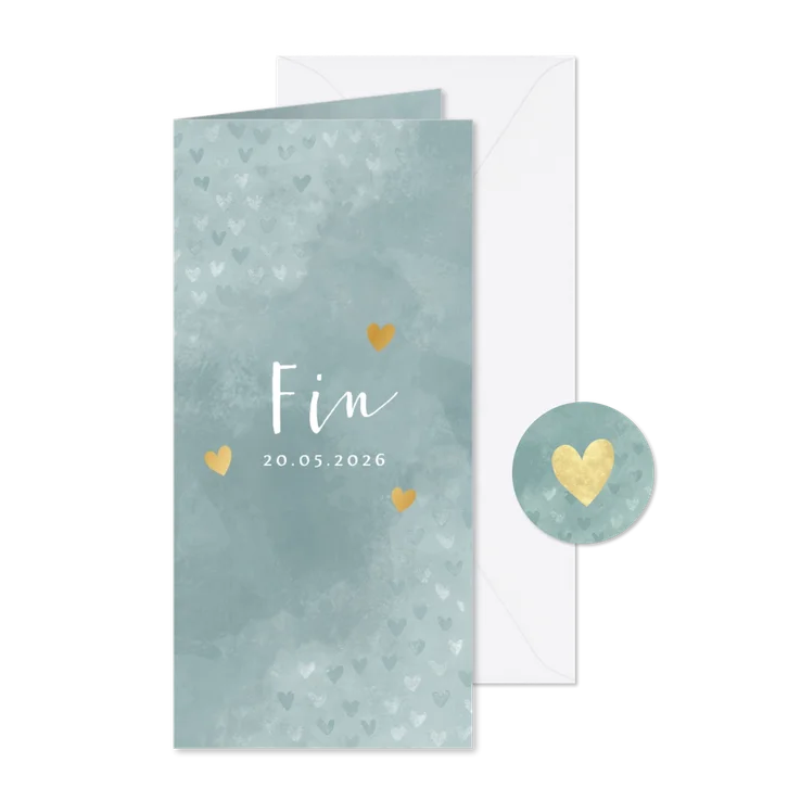 Lief geboortekaartje dwarrelende hartjes blauwe waterverf