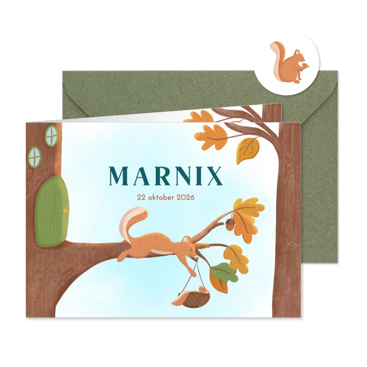 Lief geboortekaartje eekhoorn met baby in herfst