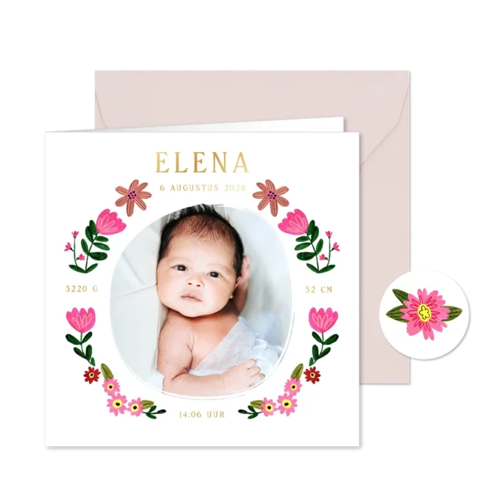 Lief geboortekaartje foto met bloemen rand