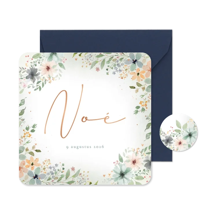 Lief geboortekaartje gekleurd bloemenkader koper hartjes