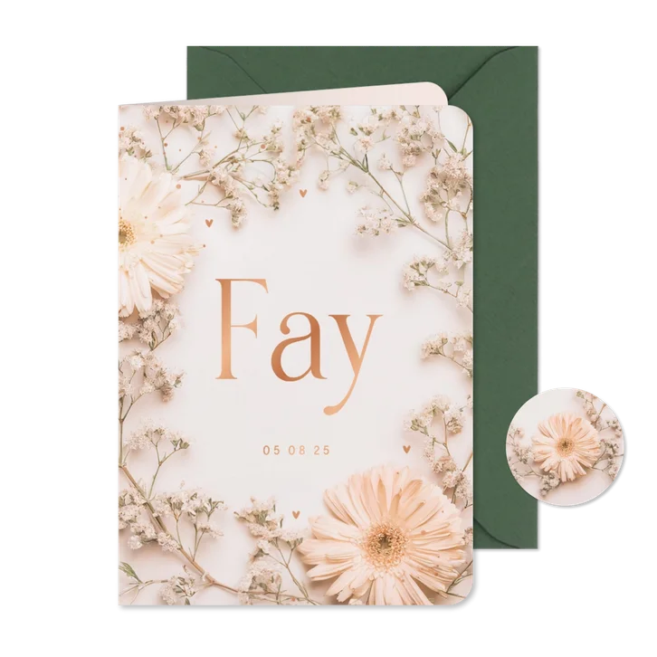 Lief geboortekaartje gipskruid kader gerbera zalmroze