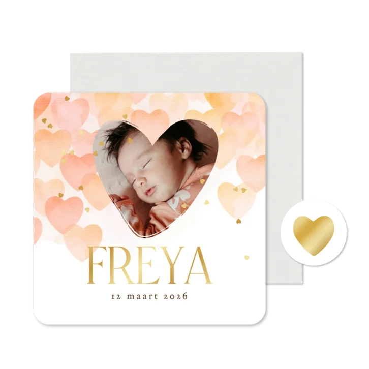 Lief geboortekaartje hartjes watercolor foto goud confetti