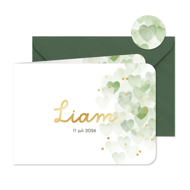 Lief geboortekaartje hartjes waterverf groen goudfolie