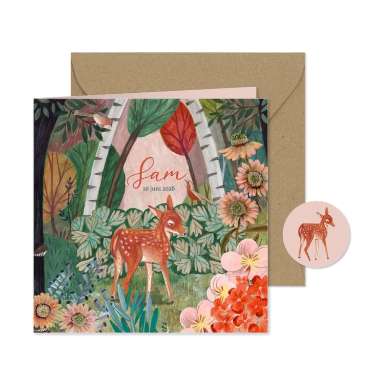 Lief geboortekaartje hert in het bos met bloemen