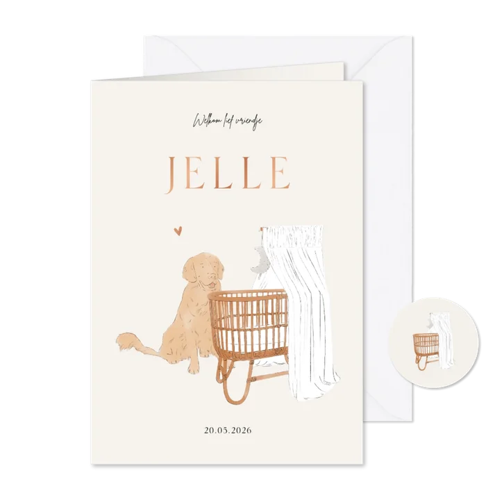 Lief geboortekaartje hond en wiegje neutraal illustratie