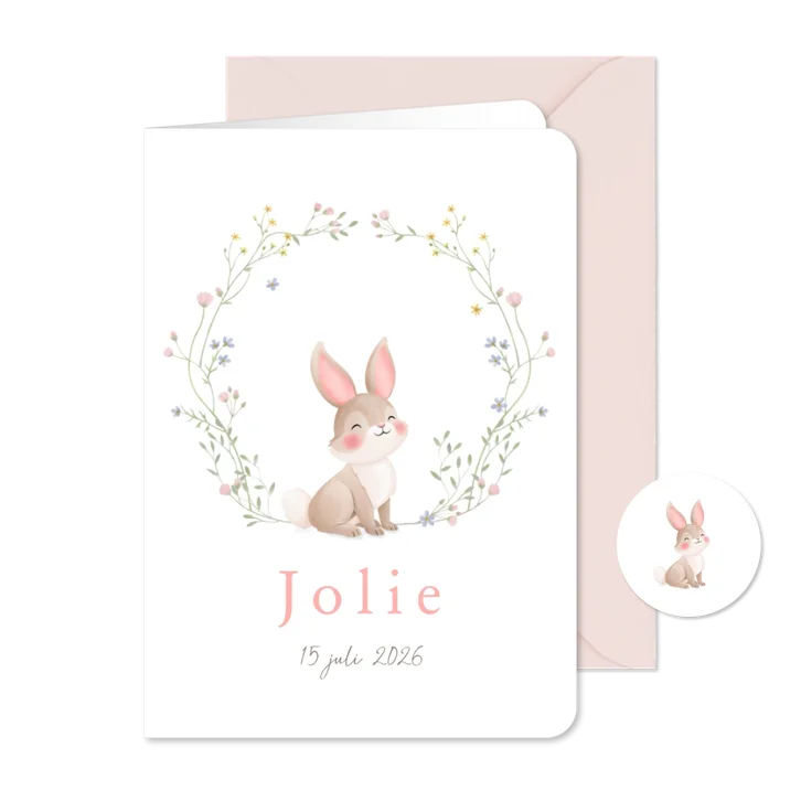 Lief geboortekaartje illustratie konijntje met bloemenkrans