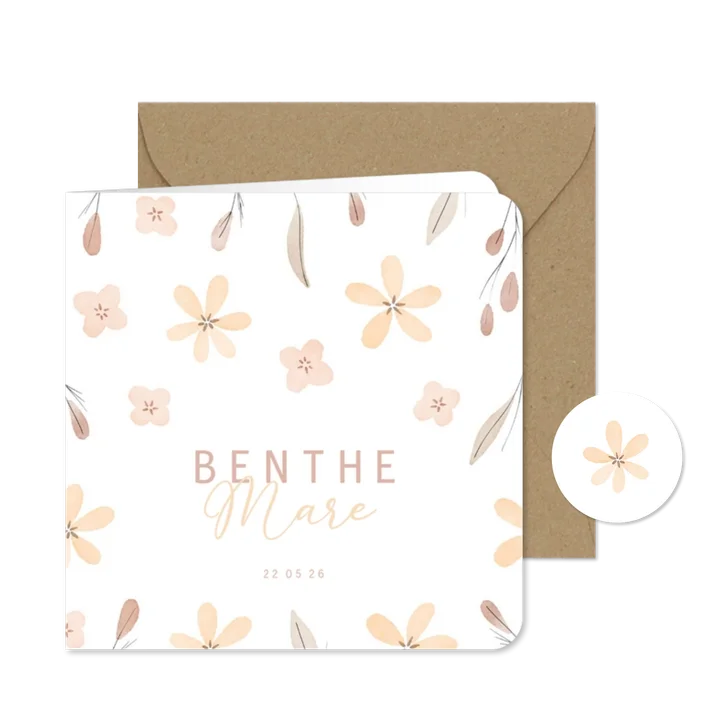 Lief geboortekaartje in het Fries met bloemetjes en takjes 