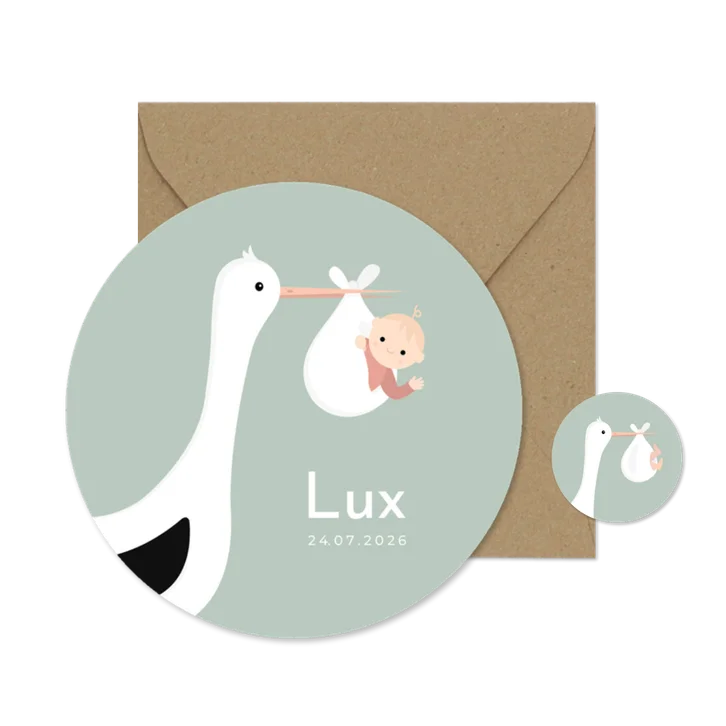 Lief geboortekaartje in ronde vorm met ooievaar & baby 